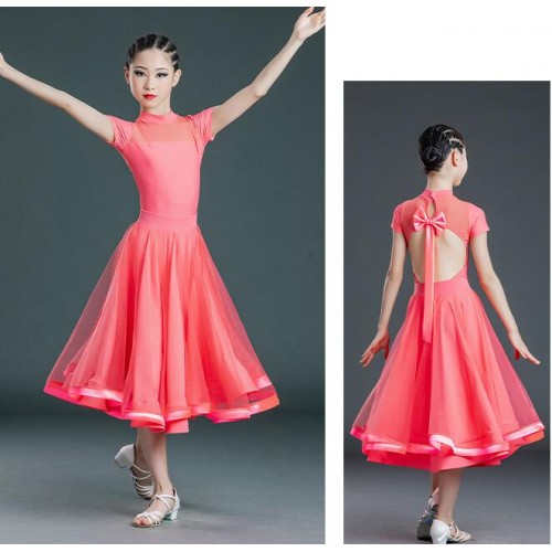 Girls kids pink coral color ballroom dance dresses long length ballroom dance skirts foxtort tango stage performance ballroom dance costumes
